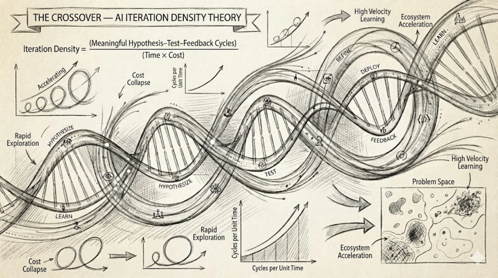 Hand-drawn diagram illustrating AI iteration density and accelerating hypothesis, test, feedback, and learning cycles